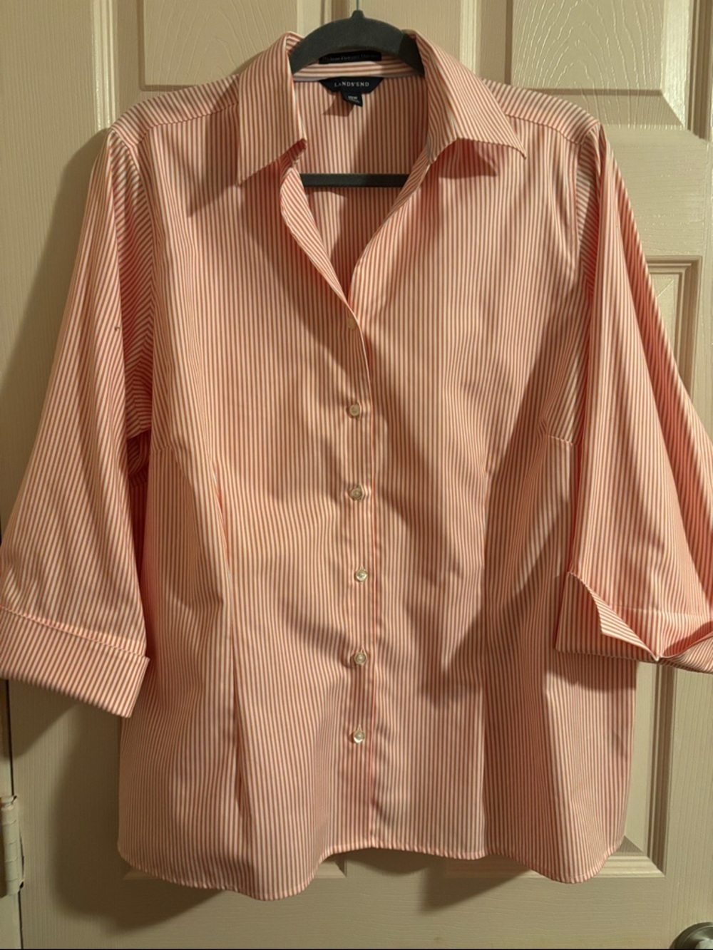 Lands' End Coral and White Striped Button Front Shirt Armpit to arm pit is 26 in